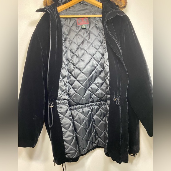 WOMENS LAUREN RALPH LAUREN BLACK VELVET SILK HOODED COAT PARKA FAUX FUR Size L - Picture 5 of 10